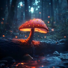  Where glowing mushrooms lead through twilight woods.