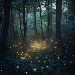 Fireflies dance in the hush of the forest dusk.