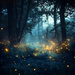 Fireflies dance in the hush of the forest dusk.