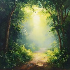 A forest path bathed in morning light and mystery.