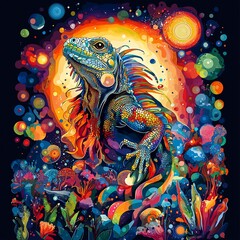 Obraz premium Vibrant Lizard in Cosmic Garden