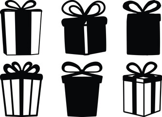 Monochrome Silhouettes of Six Gift Boxes with Ribbons and Bows Design