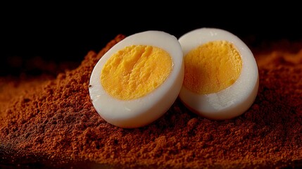 Close up of Halved Hard Boiled Eggs on Coffee Grounds