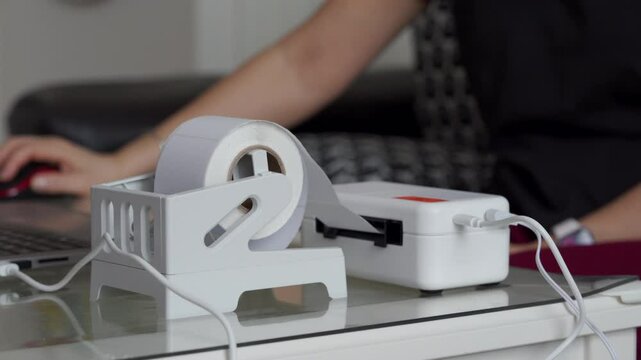 A woman is printing barcode labels using a label printer connected to her laptop, focusing on efficient product management for her business.