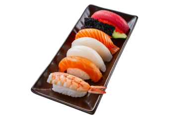 sushi plate top view full length isolated on transparent or white background