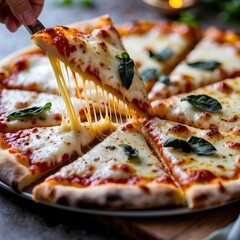 A slice of pizza with cheese pulled off of it. The pizza is topped with basil and tomatoes. 
