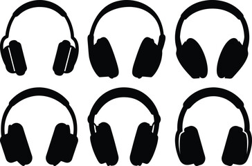 Six stylized black headphones illustrations arranged in a grid pattern for backgrounds