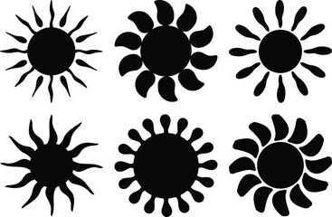 Six stylized black suns with varied ray designs set against a white background