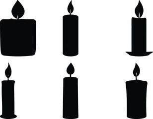 Silhouettes of Burning Candles with Flickering Flames and Varying Shapes