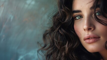 Sophisticated studio image of a brunette woman with healthy, natural hair, highlighting her elegant features