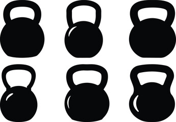 Six Simple Kettlebell Icons Arranged in a Minimalist Black and White Graphic