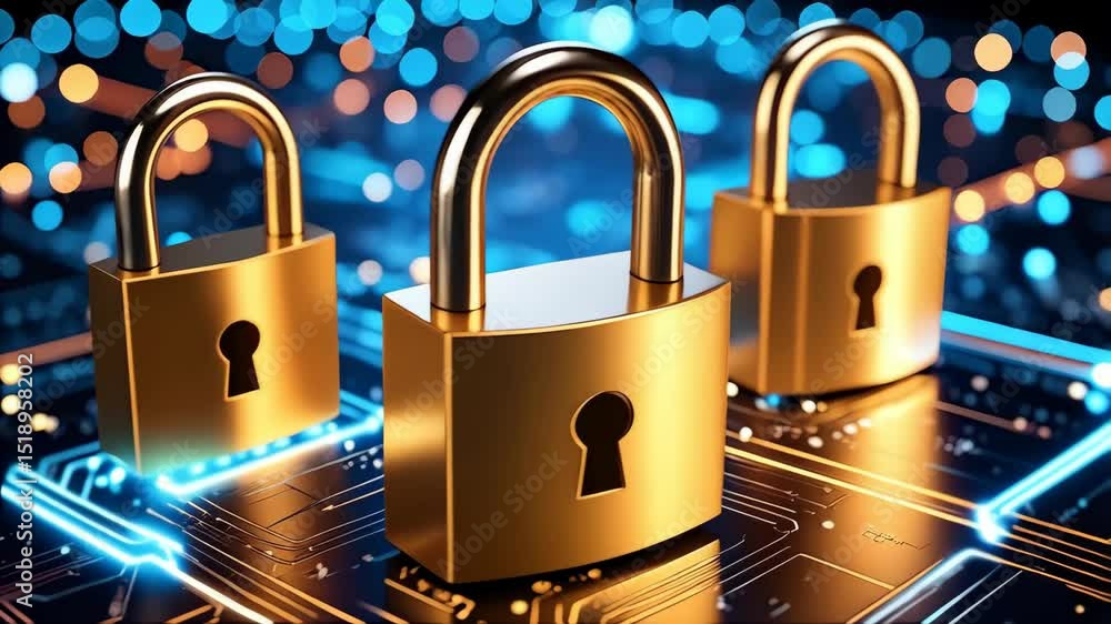 Poster golden padlocks resting on a computer circuit board with glowing blue lights conveying digital secur