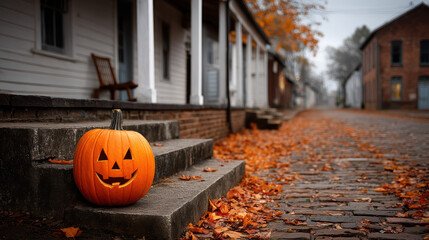 Halloween pumpkin on doorstep, autumn leaves, old street, festive, cheerful, space for text