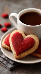 Heart shaped cookie on plate with cup of coffee, romantic breakfast, sweet treat, cozy mood