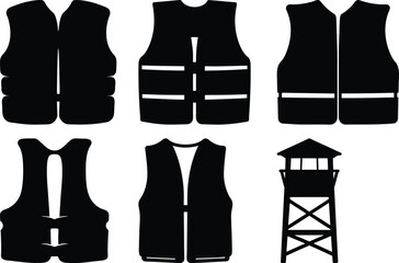 Multiple depictions of life vests alongside a guard tower in black and white