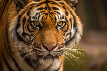 Fototapeta premium portrait of a bengal tiger, Close-Up of a Tiger's Face with Fierce Eyes, Malayan tiger laying in the forest, showcasing its beautiful orange fur and black stripes