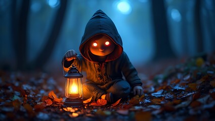 Hooded figure with glowing eyes holding a lantern in a forest