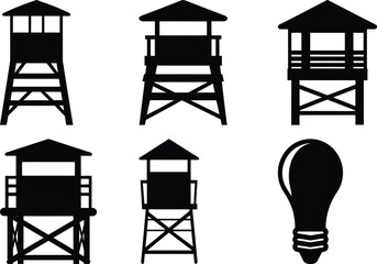 Black silhouettes of lifeguard towers and one lightbulb on a white background