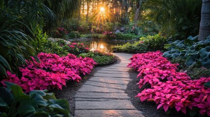 Vibrant pink poinsettias line a stone walkway in a lush garden.