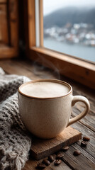 Cup of latte on wooden table near window, cozy and warm atmosphere with steam rising