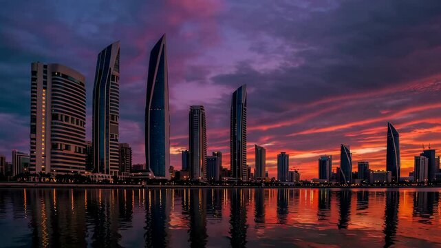 Stunning sunset reflecting on the skyline of ajman, uae