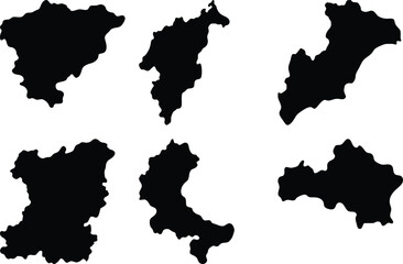 Vector graphics illustration of six black silhouettes resembling regions or countries