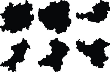 Six black map outlines of various european countries and regions collection