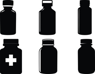 Collection of Black and White Medicine Bottles with Caps and Labels