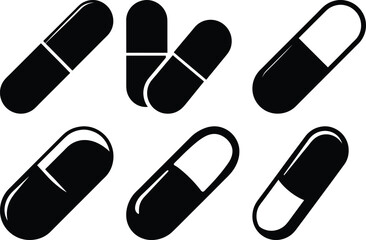 Black and White Monochrome Vector Image of Pharmaceutical Capsules Representing Medication