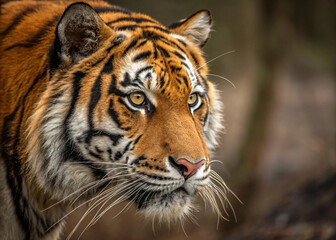 Fototapeta premium portrait of a bengal tiger, Close-Up of a Tiger's Face with Fierce Eyes, Malayan tiger laying in the forest, showcasing its beautiful orange fur and black stripes