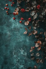 Dark Teal Background with Crimson Roses and Autumnal Vines: Moody Botanical Art