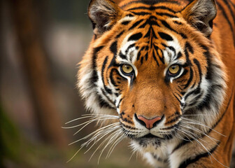 portrait of a bengal tiger, Close-Up of a Tiger's Face with Fierce Eyes, Malayan tiger laying in the forest, showcasing its beautiful orange fur and black stripes