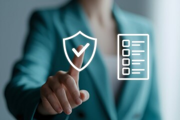 Woman's finger touching a digital shield and checklist, representing security and verification.