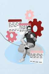 Composite image montage trend artwork 3D collage of aged man sit huge mouse hold smartphone cogwheel innovation technology machinery