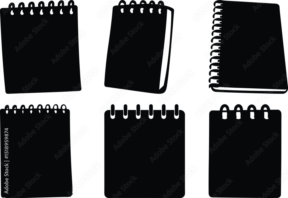Poster various notepad and notebook illustrations in different styles on white backdrop