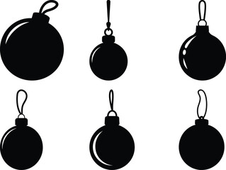Collection of Stylized Christmas Ornaments in Black Silhouette on White Background