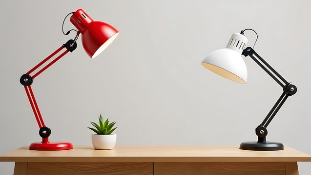 Red and white lamps with succulent on wooden desk