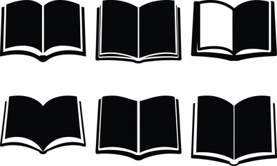 Collection of Six Black and White Open Book Icons Against White Background