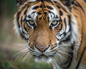 Fototapeta premium portrait of a bengal tiger, Close-Up of a Tiger's Face with Fierce Eyes, Malayan tiger laying in the forest, showcasing its beautiful orange fur and black stripes