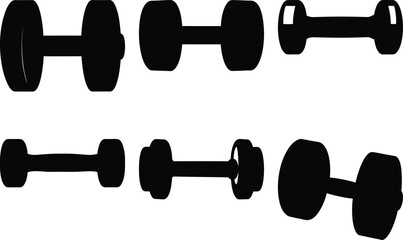 A monochrome flat illustration of various types and weights of dumbbells