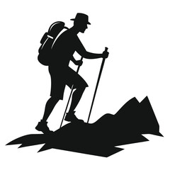 Silhouette of a Hiker Climbing a Mountain with Trekking Poles