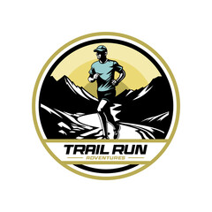 Trail running logo with mountain background