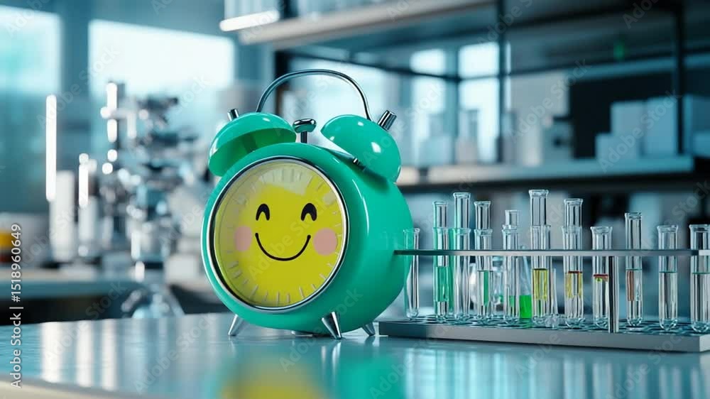 Aufkleber cheerful clockwork: animation featuring a smiling alarm clock in a scientific lab
