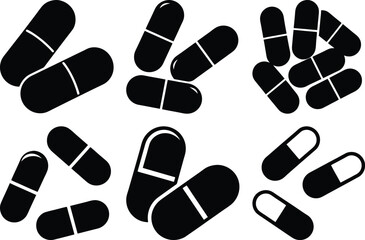 Abstract representation of various pills or capsules in black and white color