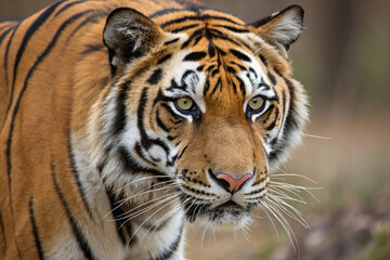 Fototapeta premium portrait of a bengal tiger, Close-Up of a Tiger's Face with Fierce Eyes, Malayan tiger laying in the forest, showcasing its beautiful orange fur and black stripes