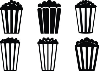 Six stylized images of popcorn buckets in black and white design