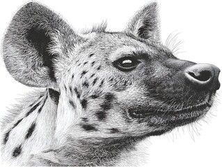 A detailed black and white pen and ink drawing of a spotted hyena head and shoulders against a white background.