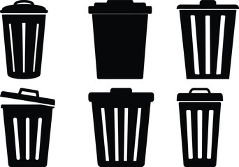 Collection of Six Black and White Stylized Trash Cans or Waste Bins