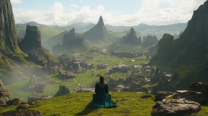 Fototapeta premium Woman Contemplates Ancient Valley Civilization Ruins