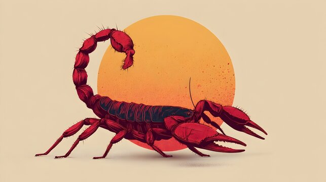 A detailed illustration of a vibrant red scorpion against a warm orange sunburst background perfect for designs needing a powerful desert animal.